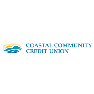 The logo of Coastal Community Credit Union features blue waves, green hills, and a yellow sun graphic to the left of the organization’s name in bold blue letters on a white background.