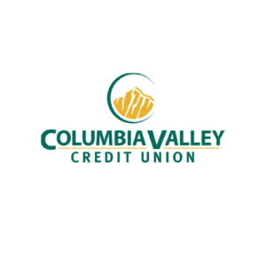 Logo for Columbia Valley Credit Union. The design features stylized gold mountains inside a green semicircle above the company name, which is written in bold green and gold text on a white background.