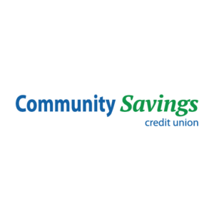 Community Savings credit union logo, with Community in blue, Savings in green italic, and credit union in smaller blue text beneath Savings, all on a white background.
