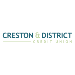 Logo for Creston & District Credit Union. The words Creston & District are in bold blue and green text above a light green line, with Credit Union in smaller light green letters below.