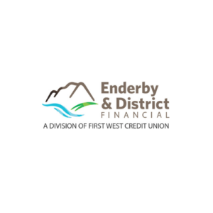 Logo of Enderby & District Financial, a division of First West Credit Union, featuring stylized mountains and blue-green waves above the company name on a white background.