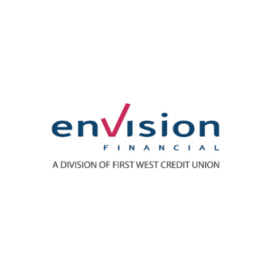 Logo for Envision Financial, a division of First West Credit Union. The word envision is in blue lowercase letters with a pink check mark replacing the v. FINANCIAL and the division tagline are below.
