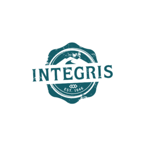 A teal, vintage-style circular badge logo with the word INTEGRIS across the center and EST. 1946 below, on a white background. The design has a distressed, worn effect.