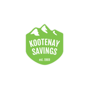 Green shield-shaped logo with white mountain peaks on top, featuring the text KOOTENAY SAVINGS in bold letters and est. 1969 below.