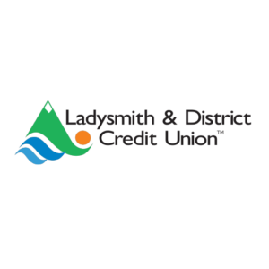 Logo of Ladysmith & District Credit Union with a green triangle, blue waves, and an orange circle beside the company name in black text on a white background.