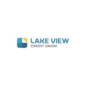Logo with a blue and yellow square icon divided into four sections, next to the words LAKE VIEW in blue and CREDIT UNION in gray, all on a white background.