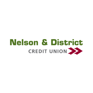 Logo for Nelson & District Credit Union with green text above gray text and two red arrow chevrons pointing right on a white background.