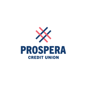 Logo for Prospera Credit Union with a geometric woven pattern of pink and navy blue lines above the bold blue text PROSPERA and smaller text CREDIT UNION underneath on a white background.
