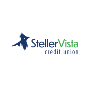 Logo of StellerVista Credit Union featuring a stylized blue bird on the left and the words StellerVista credit union in blue and green text on a white background.