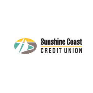 Logo for Sunshine Coast Credit Union featuring a stylized sailboat on water with a yellow sun and teal, gray, and white shapes, alongside the company name in bold and regular black letters.