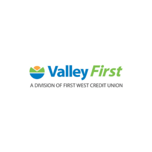 Valley First logo with a stylized sun over green hills and blue sky. Text reads “Valley First” and “A Division of First West Credit Union” on a white background.