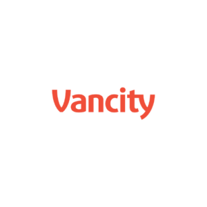 The image shows the word Vancity in bold, red, lowercase letters centered on a white background.