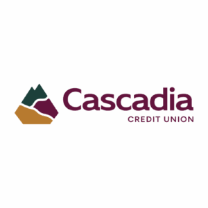 Cascadia Credit Union logo featuring a stylized mountain graphic in green, gold, and maroon, with Cascadia in large maroon text and CREDIT UNION in smaller maroon text on a white background.