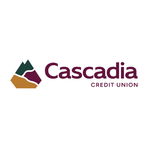 Cascadia Credit Union logo featuring a stylized mountain graphic in green, gold, and maroon, with Cascadia in large maroon text and CREDIT UNION in smaller maroon text on a white background.